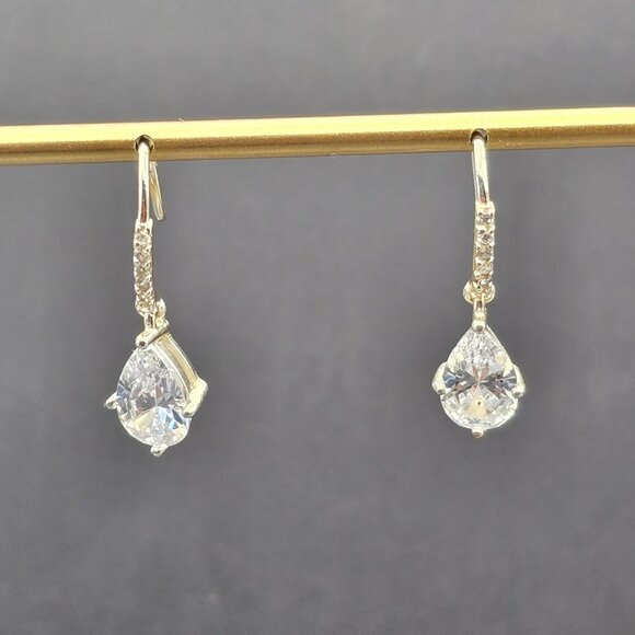Teardrop Cubic Zirconia Drop Earrings Sterling Silver Hooks Pave Accents by CH - Picture 1 of 9